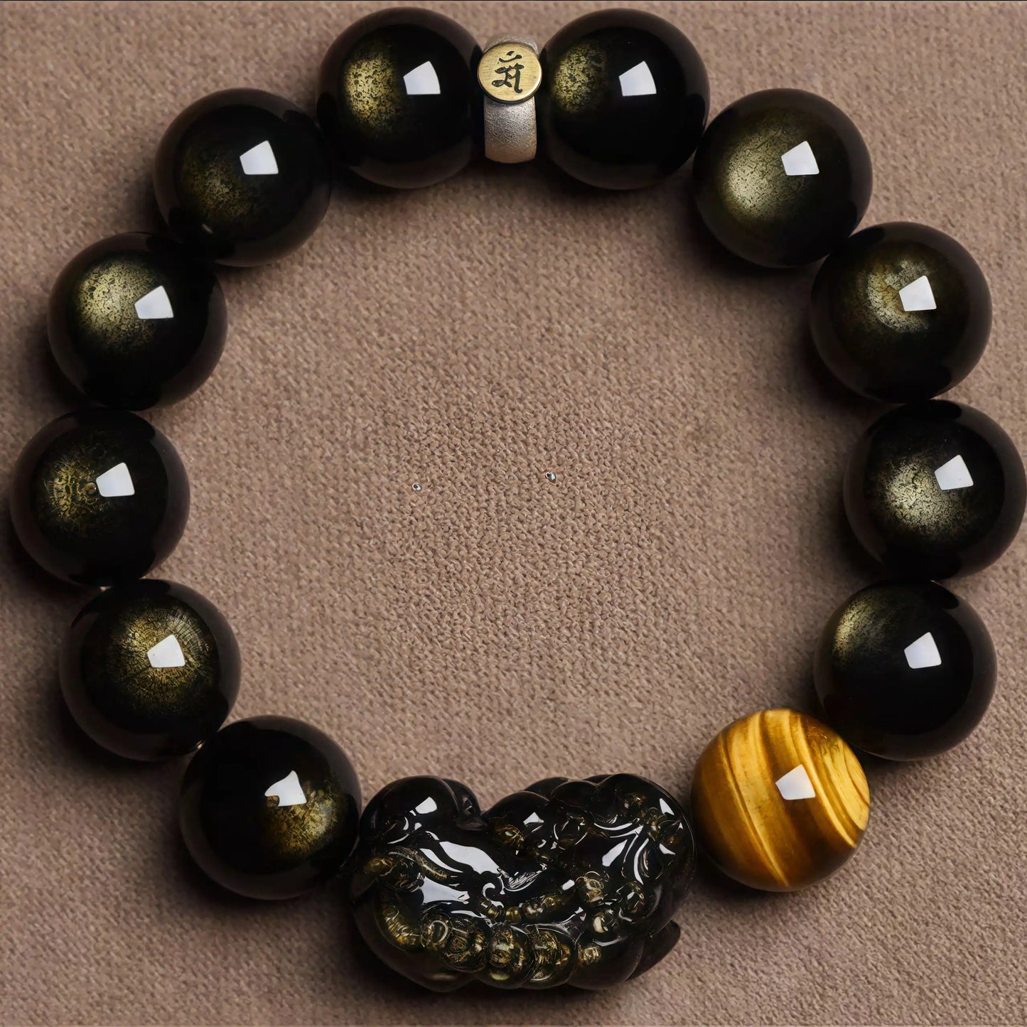 Handmade Black Obsidian bracelet with Zodiac Guardian Bodhisattva and Pixiu charm for wealth and protection