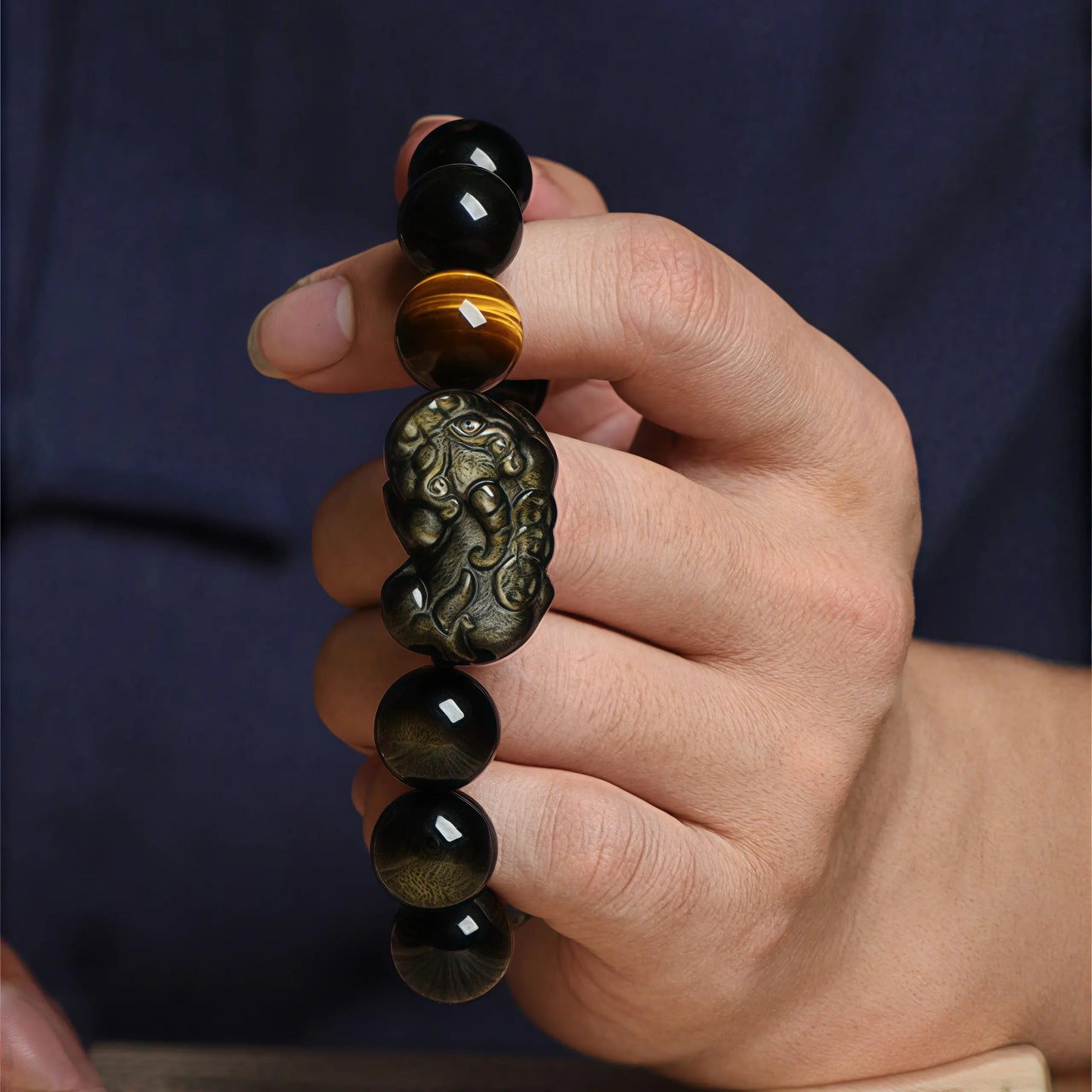 Handmade Black Obsidian bracelet with Zodiac Guardian Bodhisattva and Pixiu charm for wealth and protection