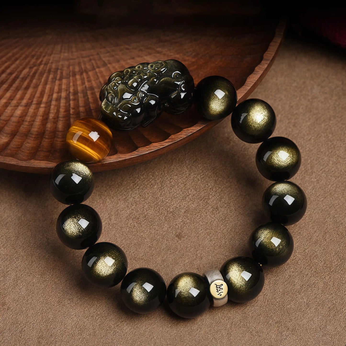 Handmade Black Obsidian bracelet with Zodiac Guardian Bodhisattva and Pixiu charm for wealth and protection