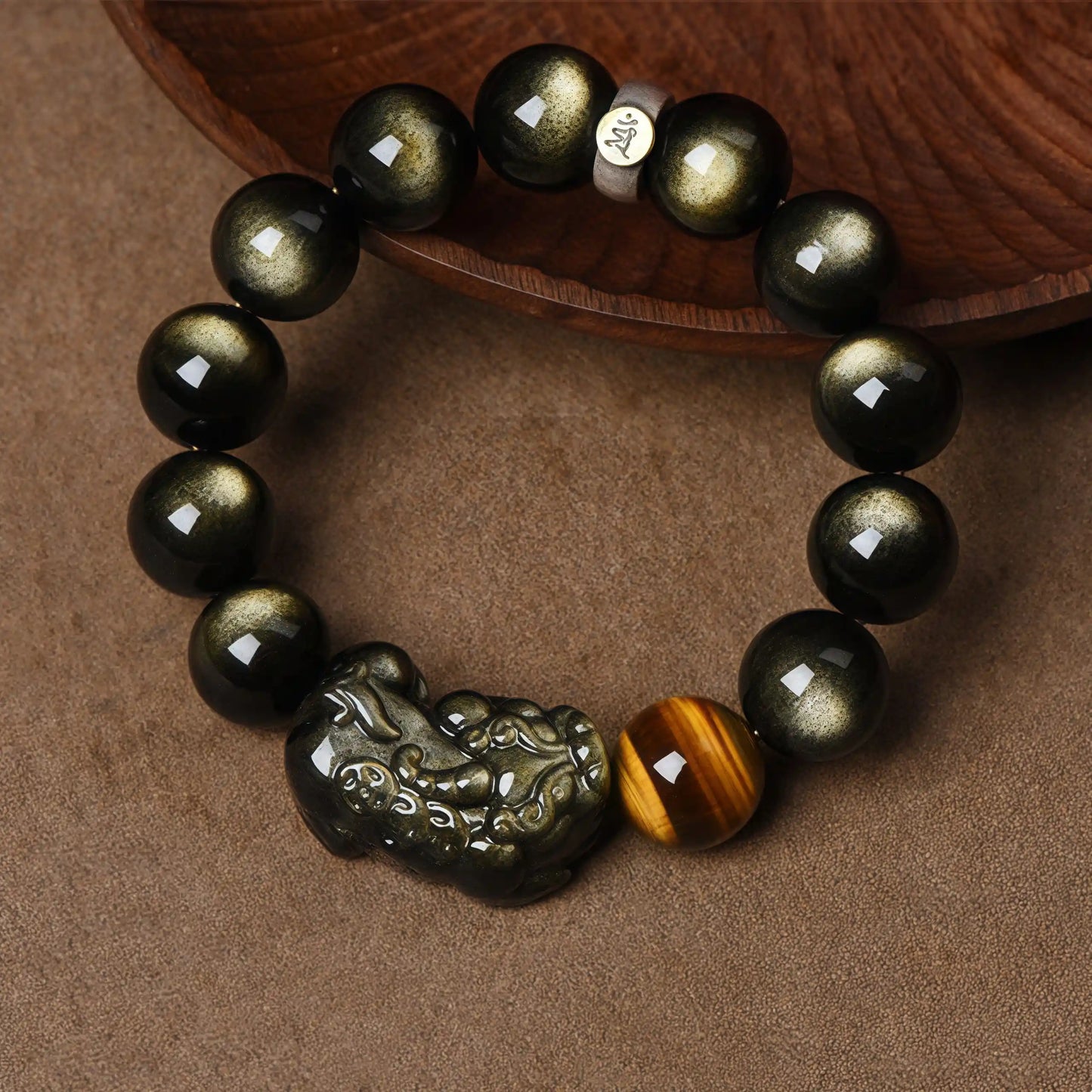 Handmade Black Obsidian bracelet with Zodiac Guardian Bodhisattva and Pixiu charm for wealth and protection
