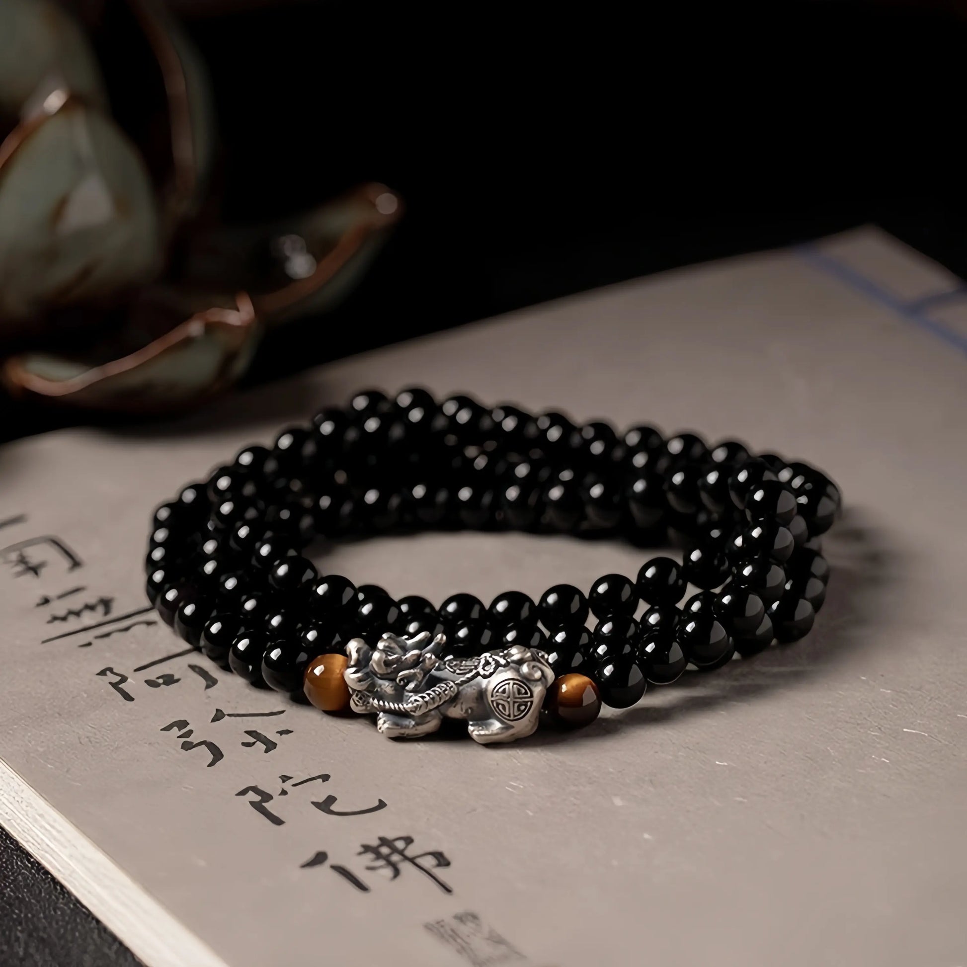 Adjustable Black Obsidian and Pixiu bracelet/necklace for wealth and protection – handmade Feng Shui jewelry