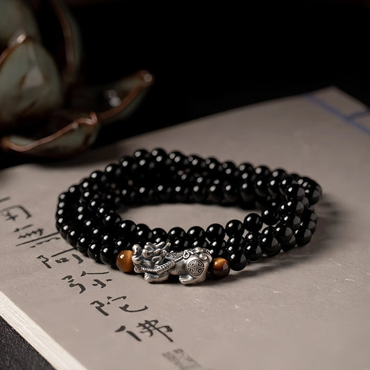 Adjustable Black Obsidian and Pixiu bracelet/necklace for wealth and protection – handmade Feng Shui jewelry