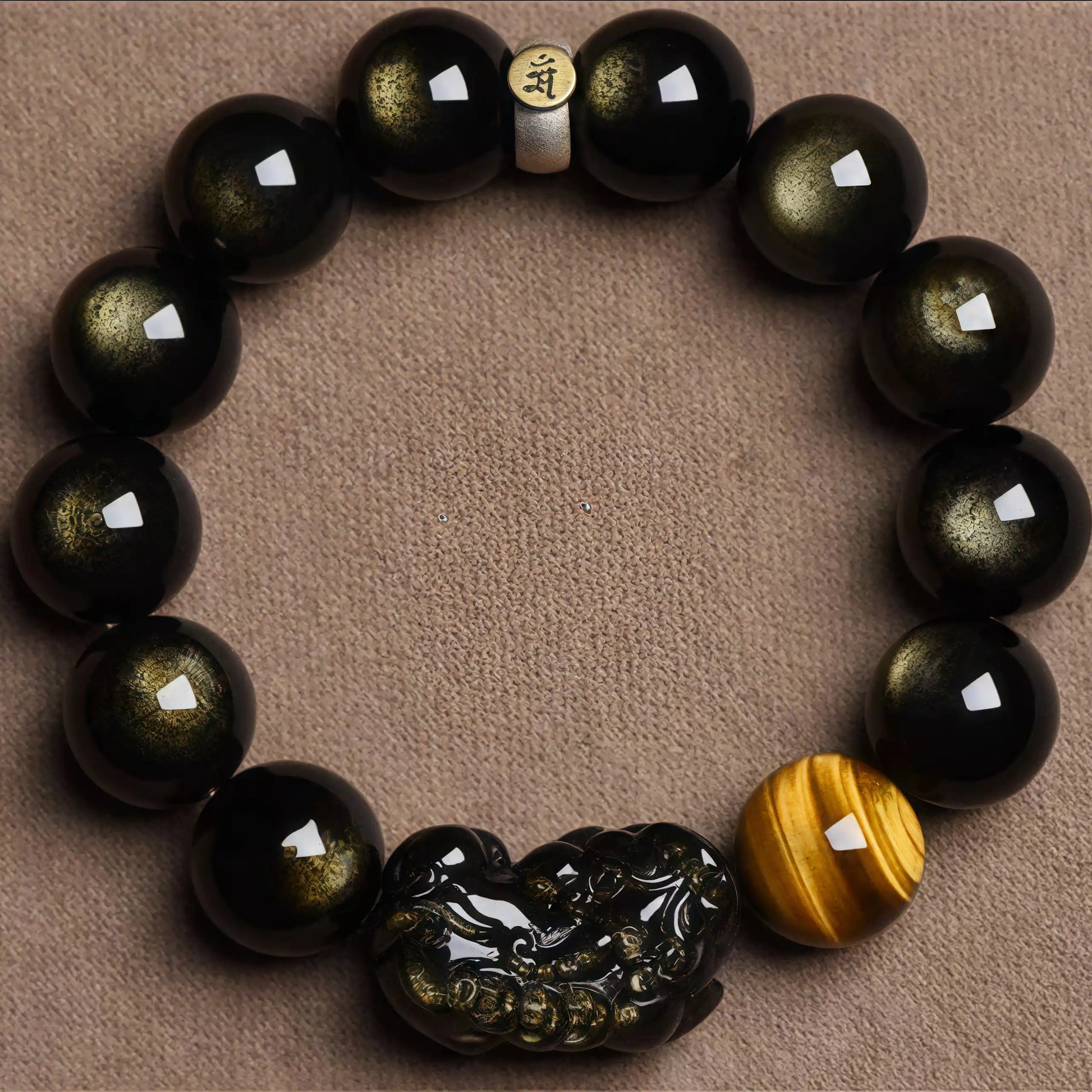 Handmade Black Obsidian bracelet with Zodiac Guardian Bodhisattva and Pixiu charm for wealth and protection