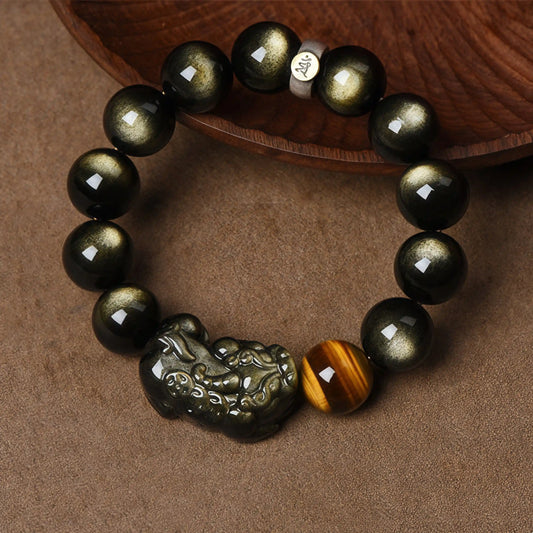 Handmade Black Obsidian bracelet with Zodiac Guardian Bodhisattva and Pixiu charm for wealth and protection