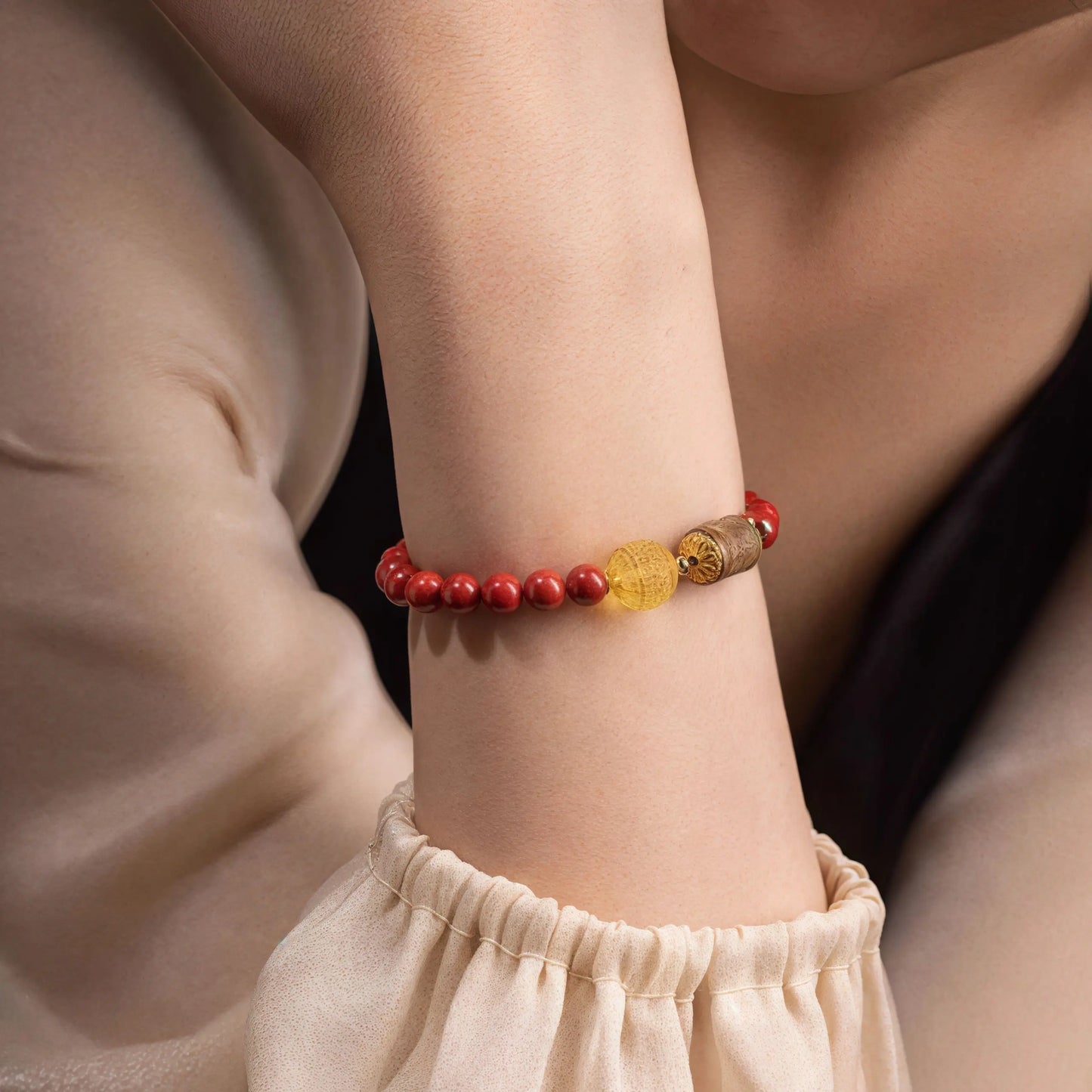 Handmade Sacred Harmony Bracelet with Cinnabar, Agarwood, and Amber Huíwen Beads for Spiritual Protection & Vitality