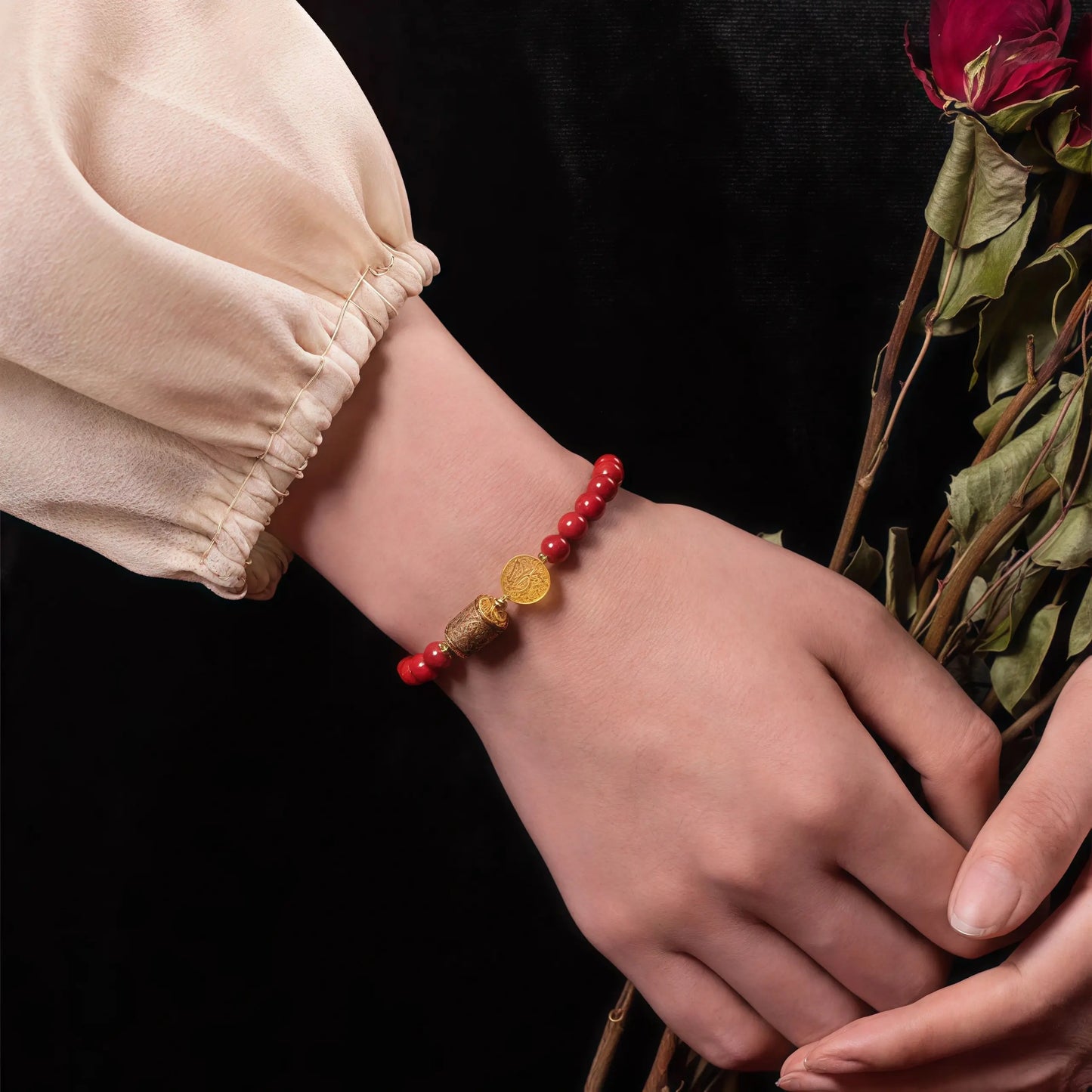 Handmade Sacred Harmony Bracelet with Cinnabar, Agarwood, and Amber Huíwen Beads for Spiritual Protection & Vitality