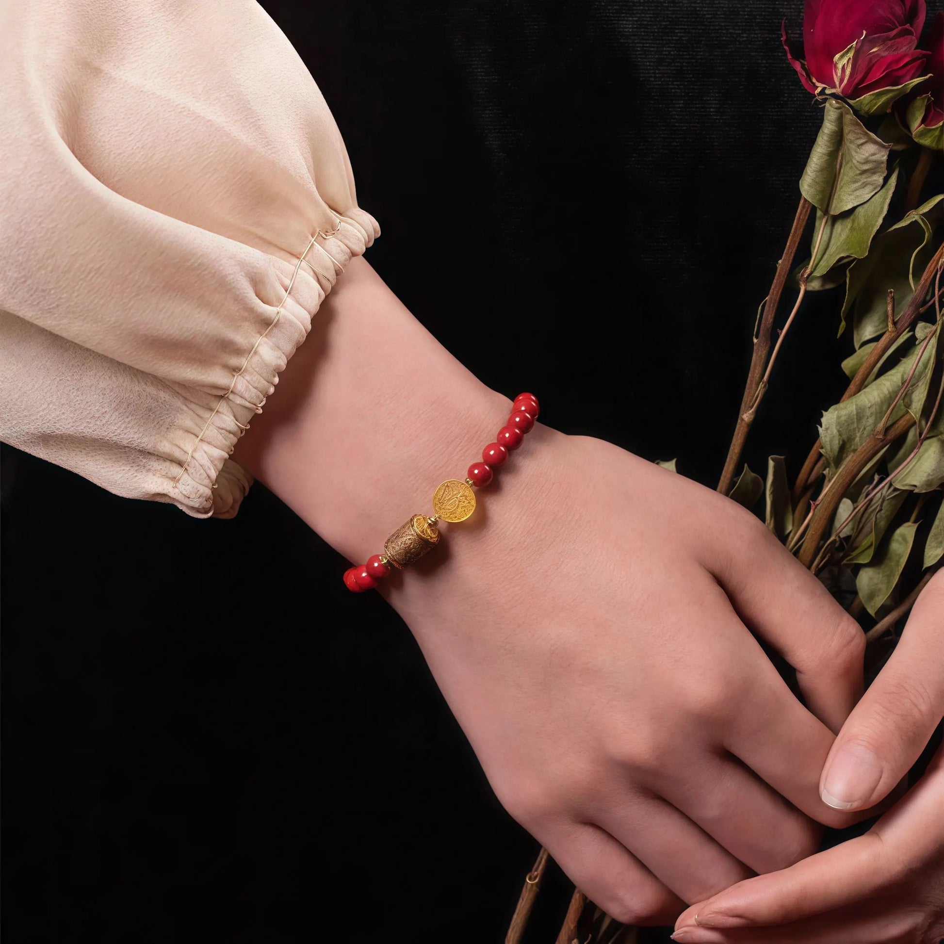 Handmade Sacred Harmony Bracelet with Cinnabar, Agarwood, and Amber Huíwen Beads for Spiritual Protection & Vitality