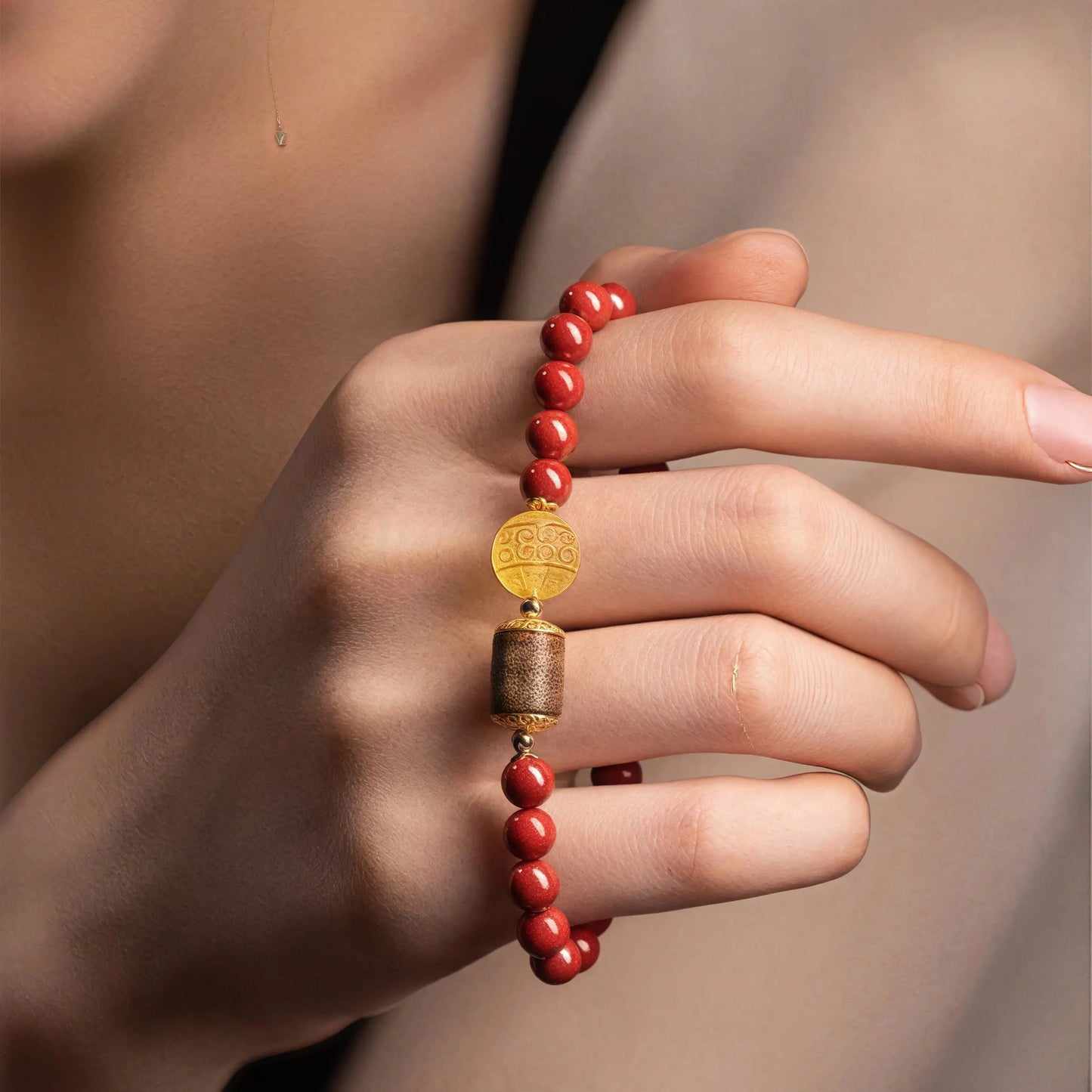 Handmade Sacred Harmony Bracelet with Cinnabar, Agarwood, and Amber Huíwen Beads for Spiritual Protection & Vitality