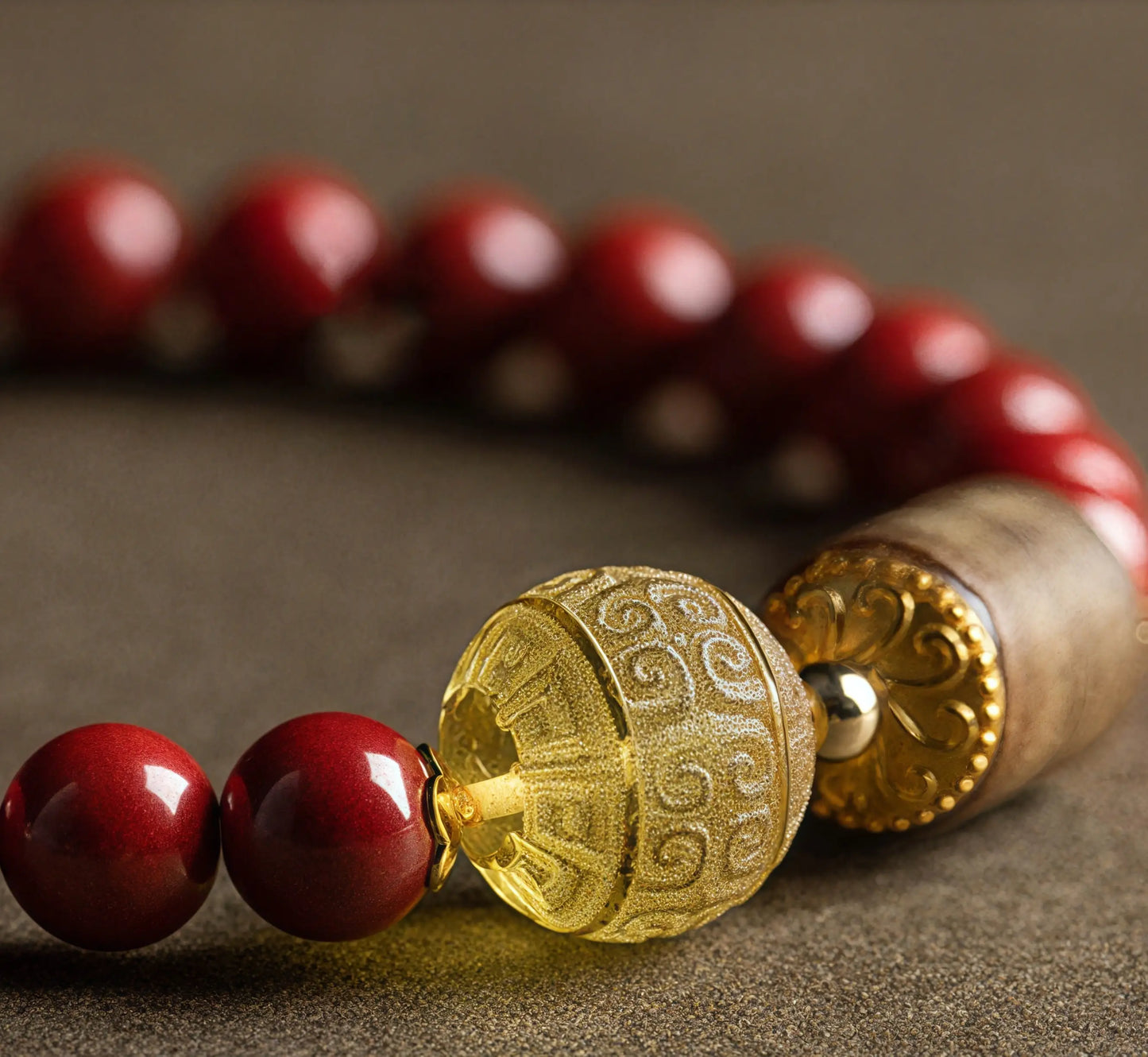Handmade Sacred Harmony Bracelet with Cinnabar, Agarwood, and Amber Huíwen Beads for Spiritual Protection & Vitality