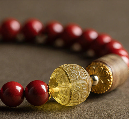 Handmade Sacred Harmony Bracelet with Cinnabar, Agarwood, and Amber Huíwen Beads for Spiritual Protection & Vitality