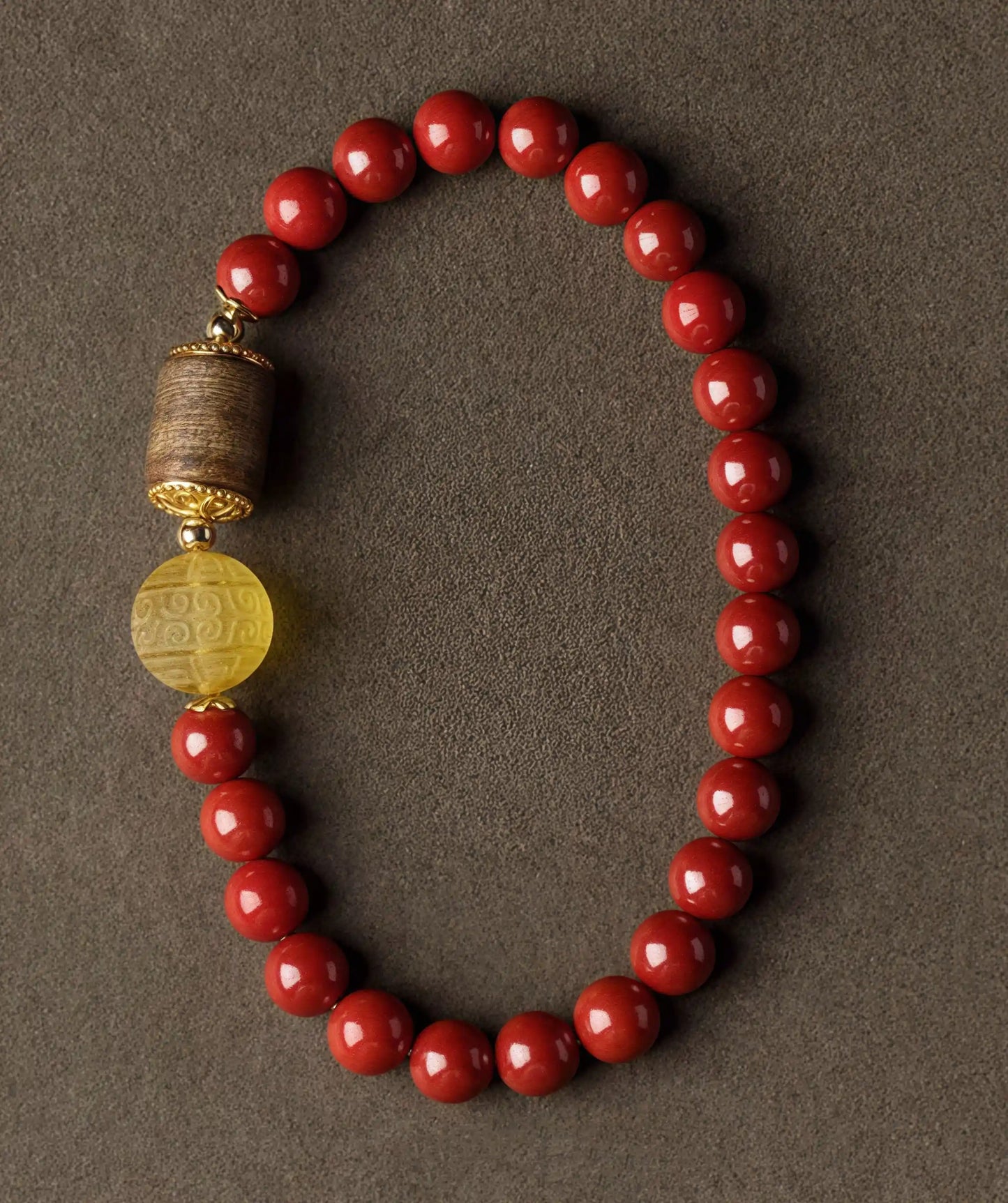 Handmade Sacred Harmony Bracelet with Cinnabar, Agarwood, and Amber Huíwen Beads for Spiritual Protection & Vitality