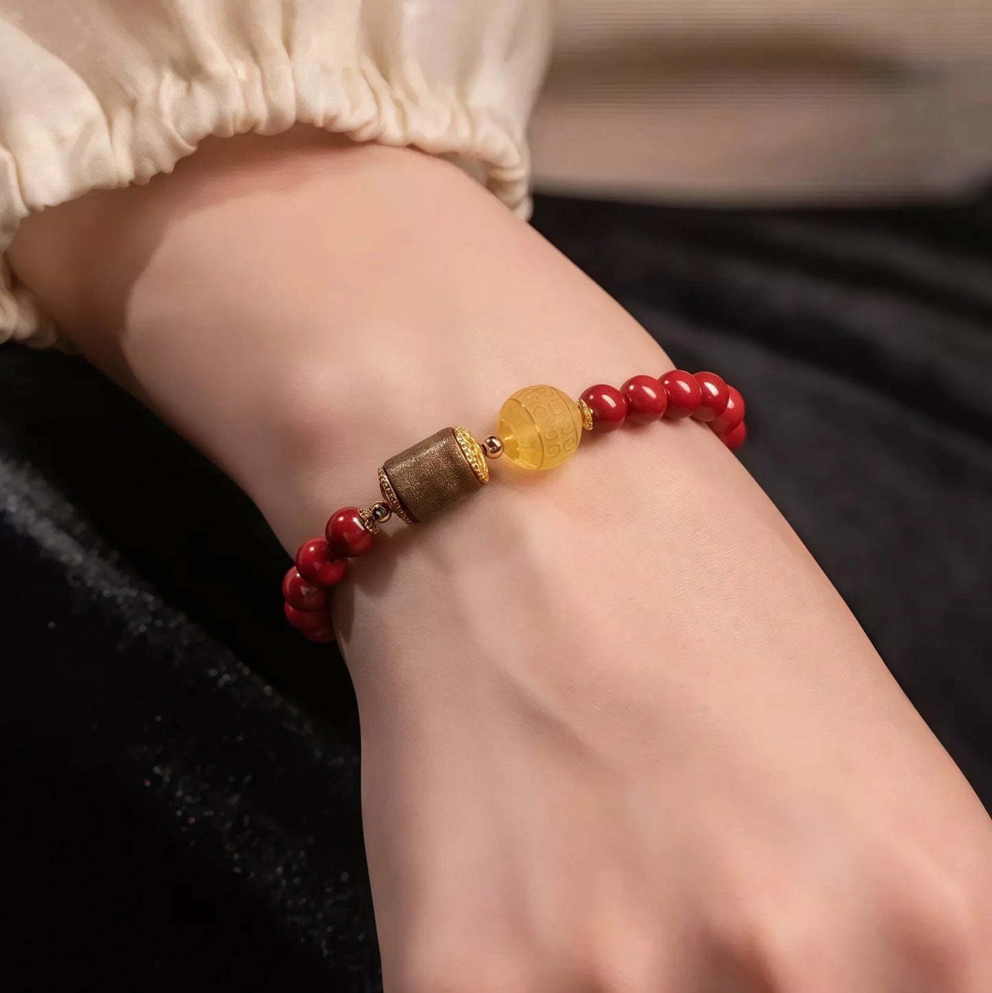 Handmade Sacred Harmony Bracelet with Cinnabar, Agarwood, and Amber Huíwen Beads for Spiritual Protection & Vitality