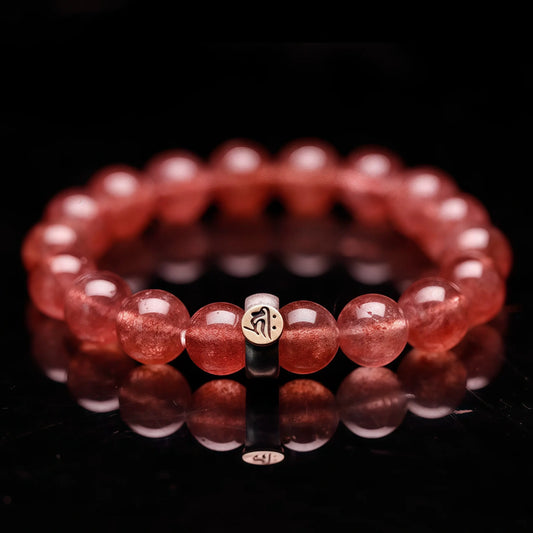 Strawberry Quartz Zodiac Bracelet - Rose Crystal Guardian Buddha Beads for Love & Spiritual Protection